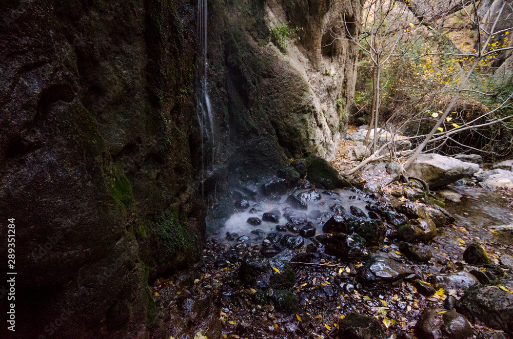 Hiking trail Los Cahorros de Monachil (Granada) in Autumn. Impressive gorge carved by the Monachil River. It is a place of singular beauty with waterfalls, caves and suspension bridges. Hiking trail Los Cahorros de Monachil (Granada) in Autumn. Impressive gorge carved by the Monachil River. It is a place of singular beauty with waterfalls, caves and suspension bridges.