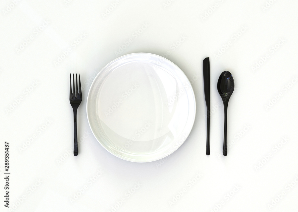 3D illustration of white plate , black spoon, knife and fork on white background. 3D illustration of white plate , black spoon, knife and fork on white background.