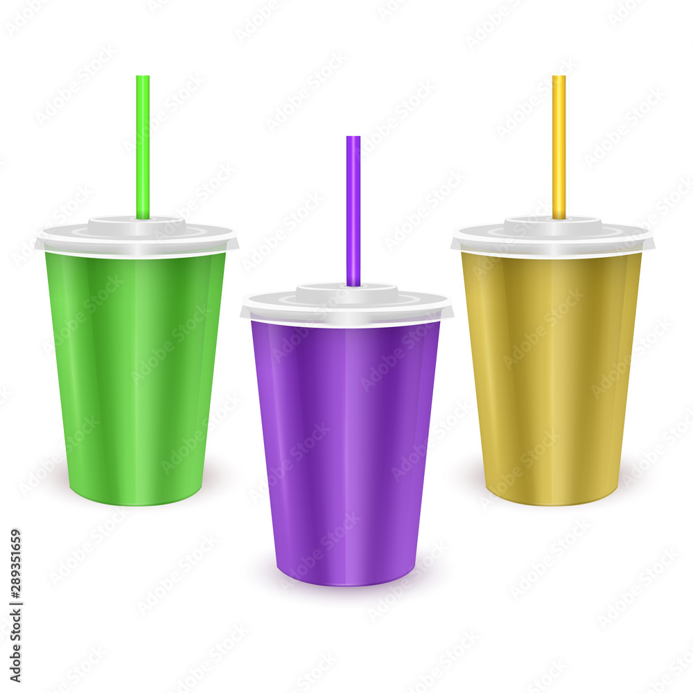 Set of colorful paper disposable cup with lid and drinking straw for cold beverage -soda, ice tea or cocktail, Realistic packaging mockup template, Vector EPS 10 format Set of colorful paper disposable cup with lid and drinking straw for cold beverage -soda, ice tea or cocktail, Realistic packaging mockup template, Vector EPS 10 format