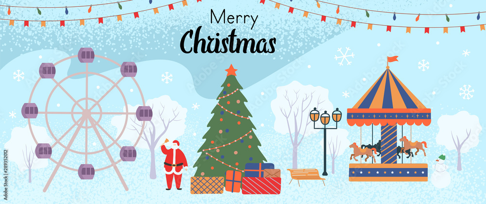 Merry Christmas greeting card. Winter in the park with a Christmas tree with gifts, a carousel horses, ferris wheel, snowman and santa claus. Vector flat cartoon illustration. Merry Christmas greeting card. Winter in the park with a Christmas tree with gifts, a carousel horses, ferris wheel, snowman and santa claus. Vector flat cartoon illustration.