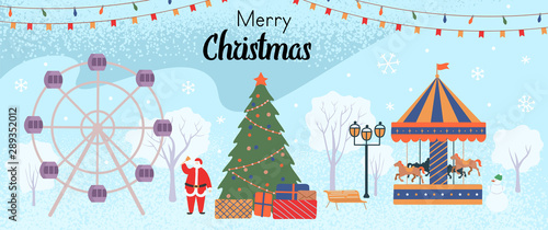 Merry Christmas greeting card. Winter in the park with a Christmas tree with gifts, a carousel horses, ferris wheel, snowman and santa claus. Vector flat cartoon illustration.