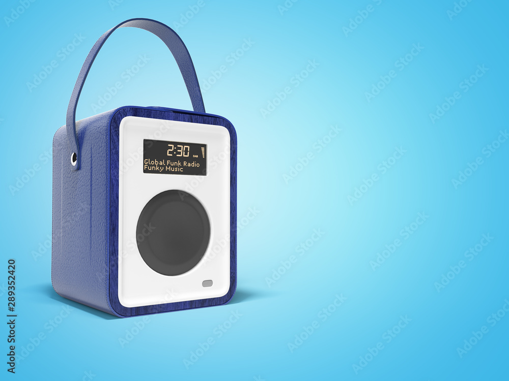 Blue portable radio column for listening to music 3D render on blue background with shadow