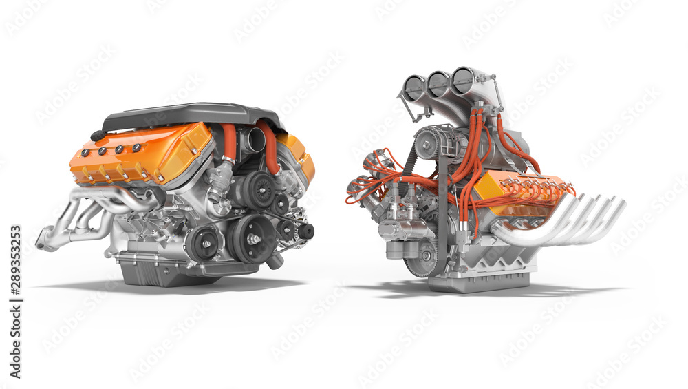 Modern red turbo engine and supercharger engine isolated 3D render on white background with shadow