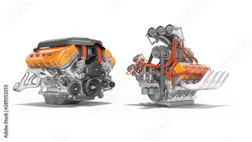 Modern red turbo engine and supercharger engine isolated 3D render on white background with shadow