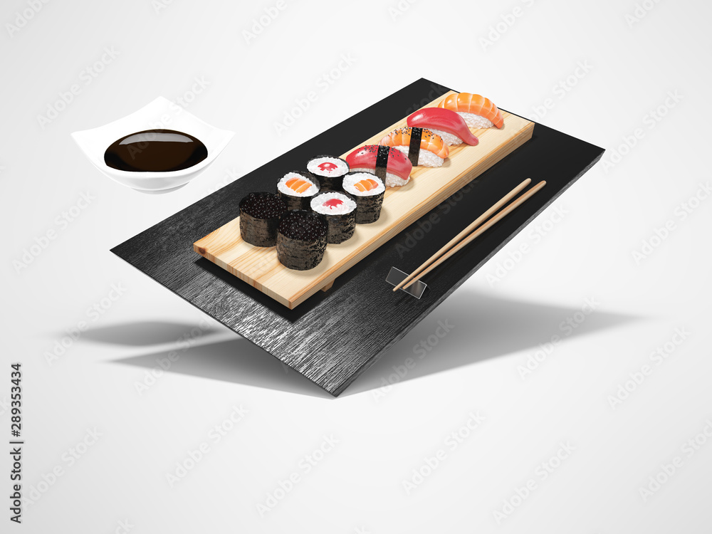 Set of sushi for the preparation and sale of 3D render on gray background with shadow Set of sushi for the preparation and sale of 3D render on gray background with shadow