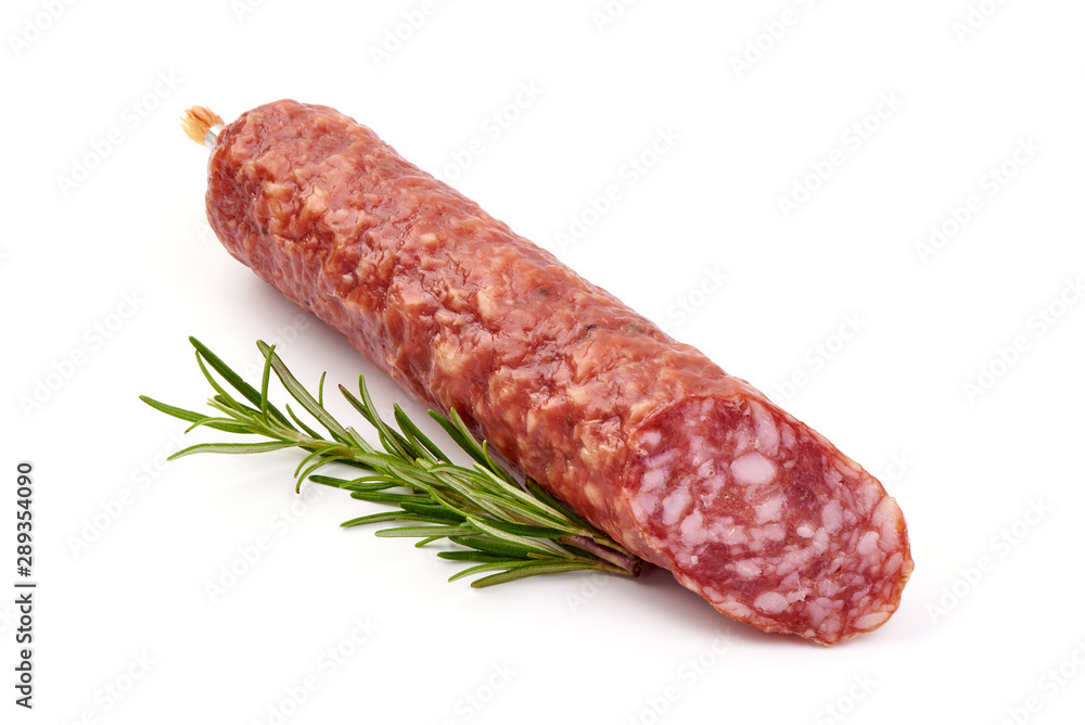 Smoked pork Sausage, Dry-cured meat, isolated on white background