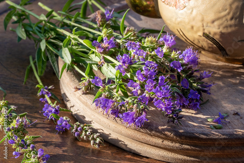Fresh hyssop flowers on a table photo