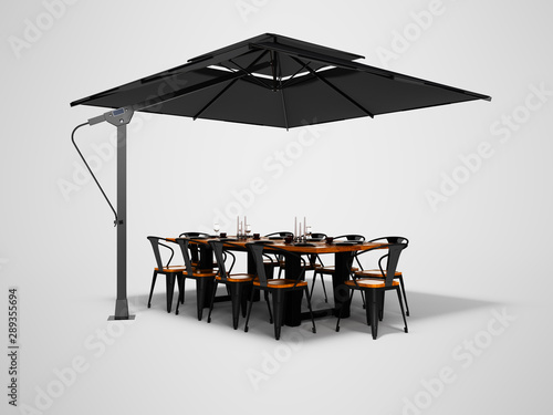 Concept umbrella for restaurant on side support with table and chairs 3d render on gray background with shadow