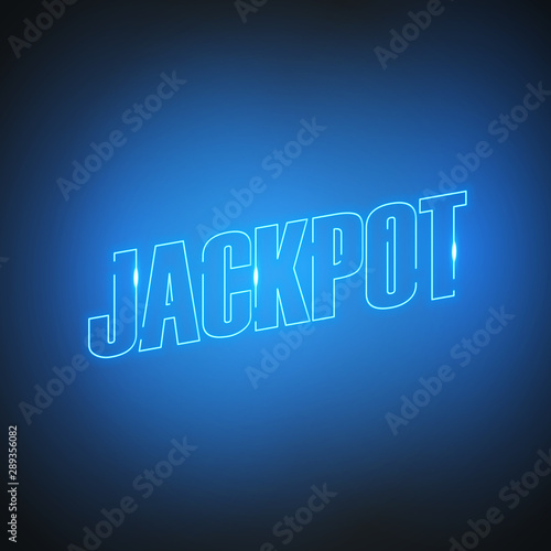 Neon Jackpot sign. Glowing jackpot word on black background. Blue and bright casino gambling games symbol. Vector design element.