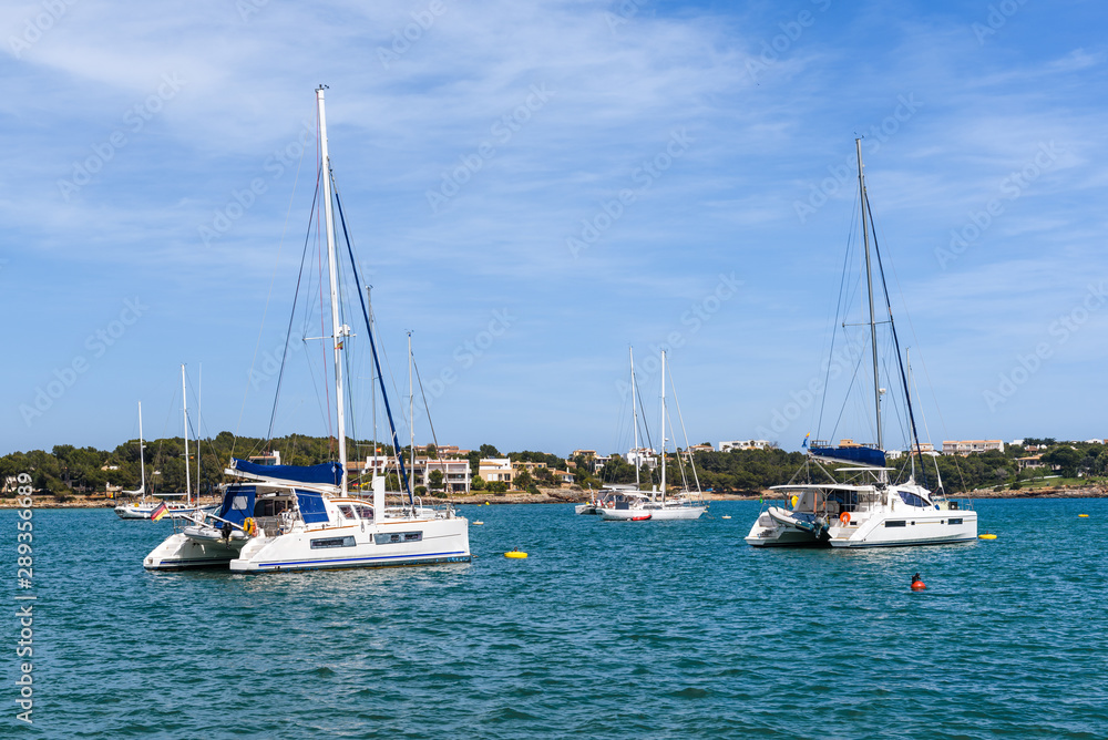 Yachts in the port of Portocolom located in the southeast at the coast of Majorca. Spain