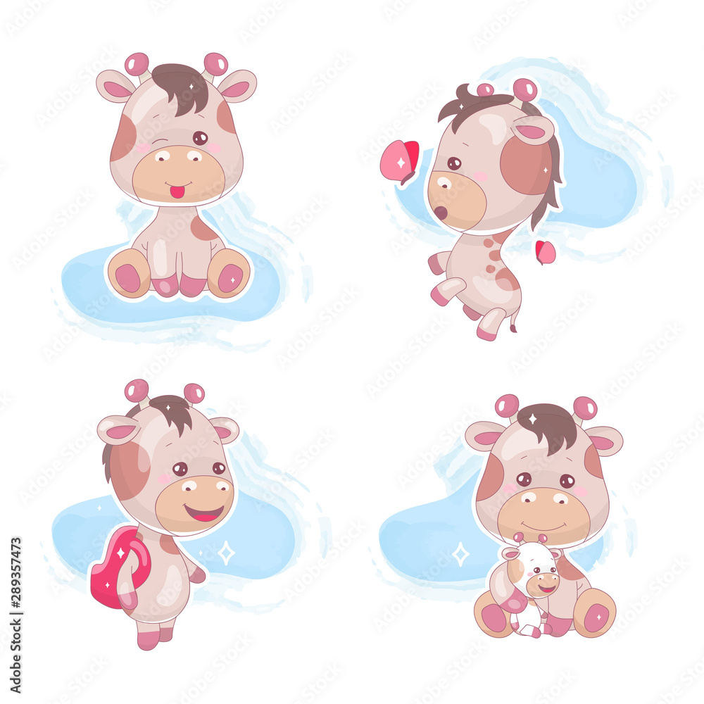 Cute giraffe kawaii cartoon vector characters set. Adorable and funny, playful animal with clouds isolated sticker, patch, kids book illustration. Anime happy baby giraffe emoji on white background