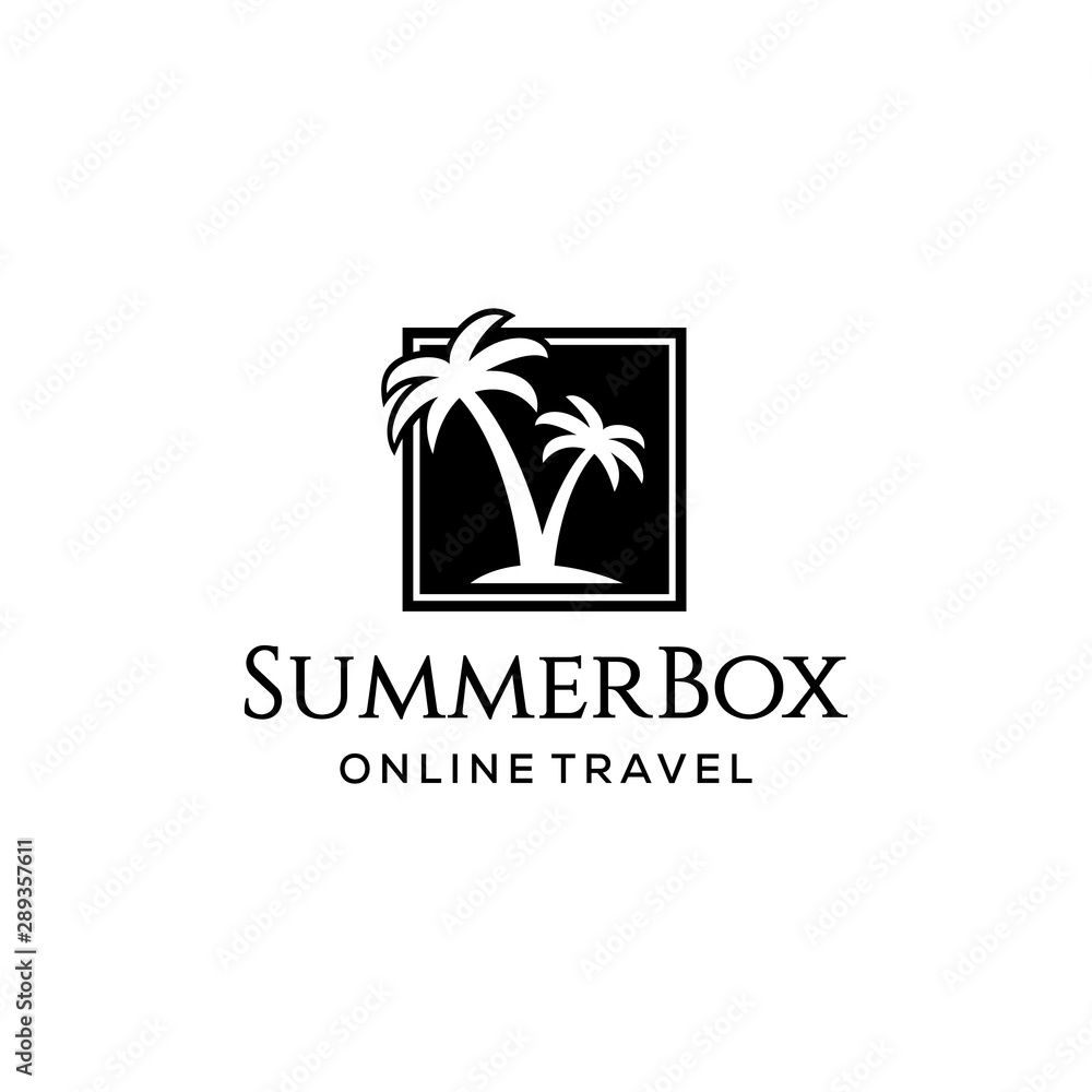 Illustration of two beautiful coconut trees in a box for travel agents, especially beach destinations logo design