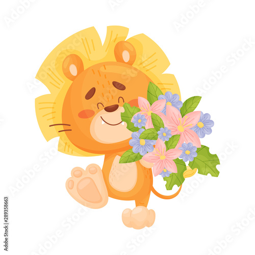 Cute lion cub with a bouquet. Vector illustration on a white background.