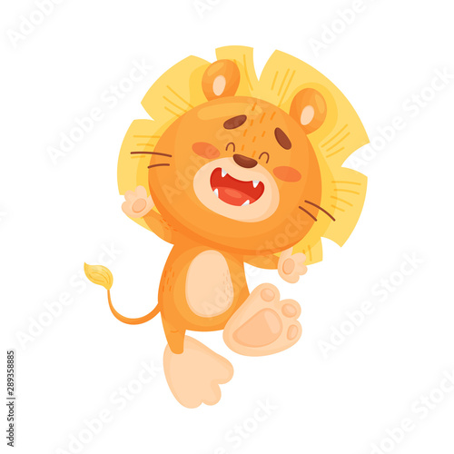 Fototapeta Naklejka Na Ścianę i Meble -  Cute lion cub is jumping. Vector illustration on a white background.
