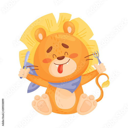 Cute lion cub is ready for dinner. Vector illustration on a white background.