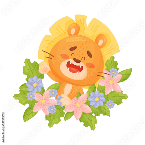 Cartoon lion cub among the flowers. Vector illustration on a white background.