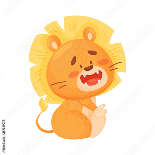 Cartoon humanized lion cub sitting. Vector illustration on a white background.