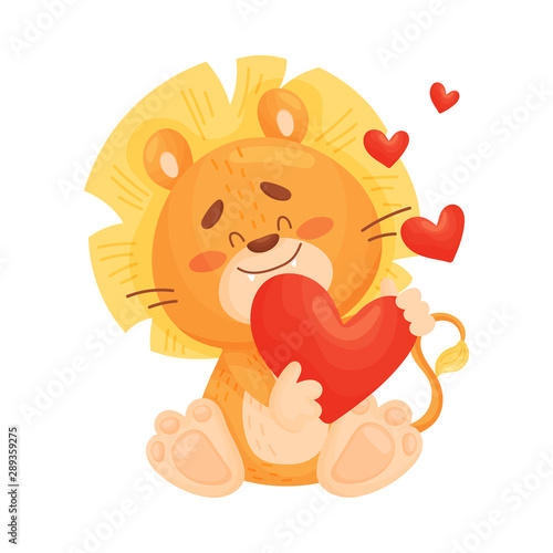 Cartoon lion cub in love sitting. Vector illustration on a white background.