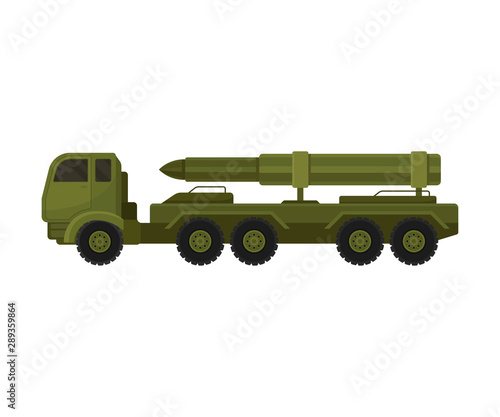 Truck with a rocket on the platform. Vector illustration on a white background.