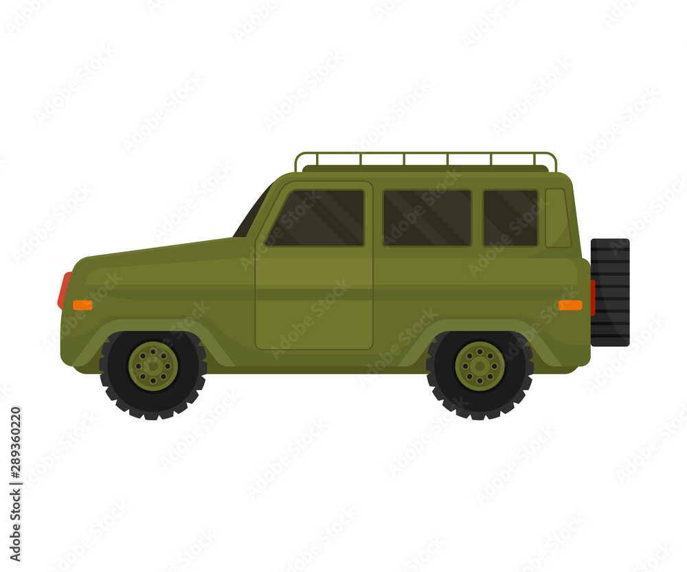 Military khaki jeep. Vector illustration on a white background.