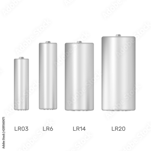 Different type and size batteries or accumulator mock up isolated on white background. Copy space for branding. White 3d templates for electronic appliances. Sizes AAA, AA, C, D metallic cylinders. photo