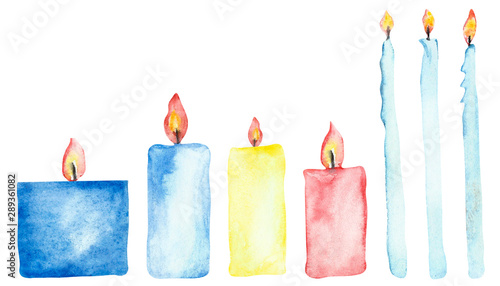 Watercolor hand painted set with different multicolored candles, blue, yellow, pink and light blue wax collection with orange flame candlelight isolated on the white background
