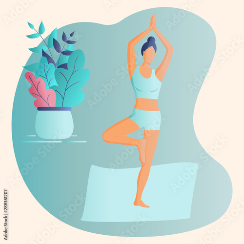 Trendy concept of fitness class:cute girl standing in yoga tree pose.Flat Funky Figures style.Decorated beautiful leaves.Vector illustration.For advertising, logo, leaflets,flyer