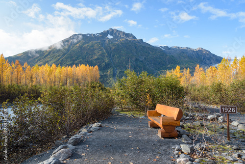 Sign 1926 on the Exit Glacier trial. It shows where the glacier was in 1926. A visible indicator of glacial recession due to climate change. Kenai Fjords National Park, Seward, Alaska, United States