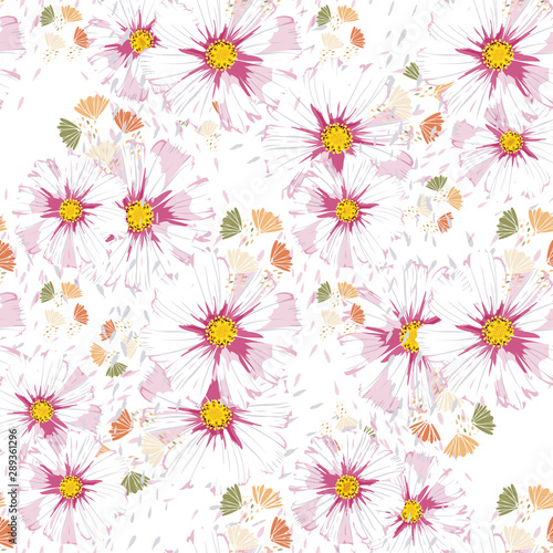 Abstract grunge shapes and flowers wild chamomile seamless pattern. Daisy flower vector background.