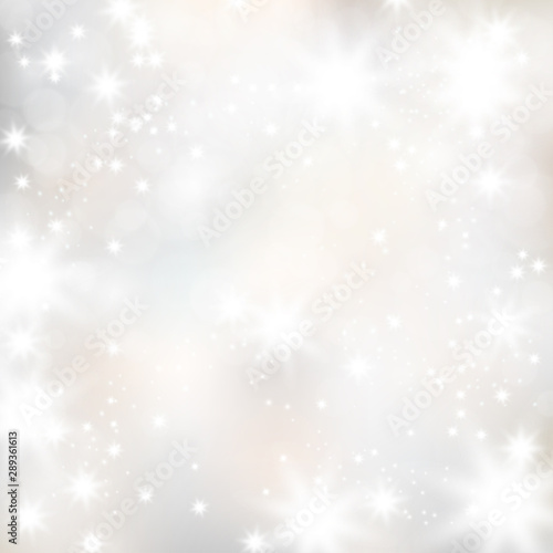 Silver and champagne bokeh light vector background. Relaxation and dreamy mood theme banner. Blurred vision or winter daydreaming. Magical Christmas atmosphere, crystal flares decorative glow poster.