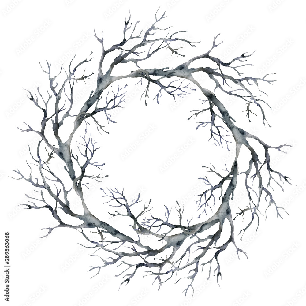 Fototapeta premium Watercolor halloween black wreath. Hand painted holiday template with tree branch isolated on white background. Illustration for design, print or background.