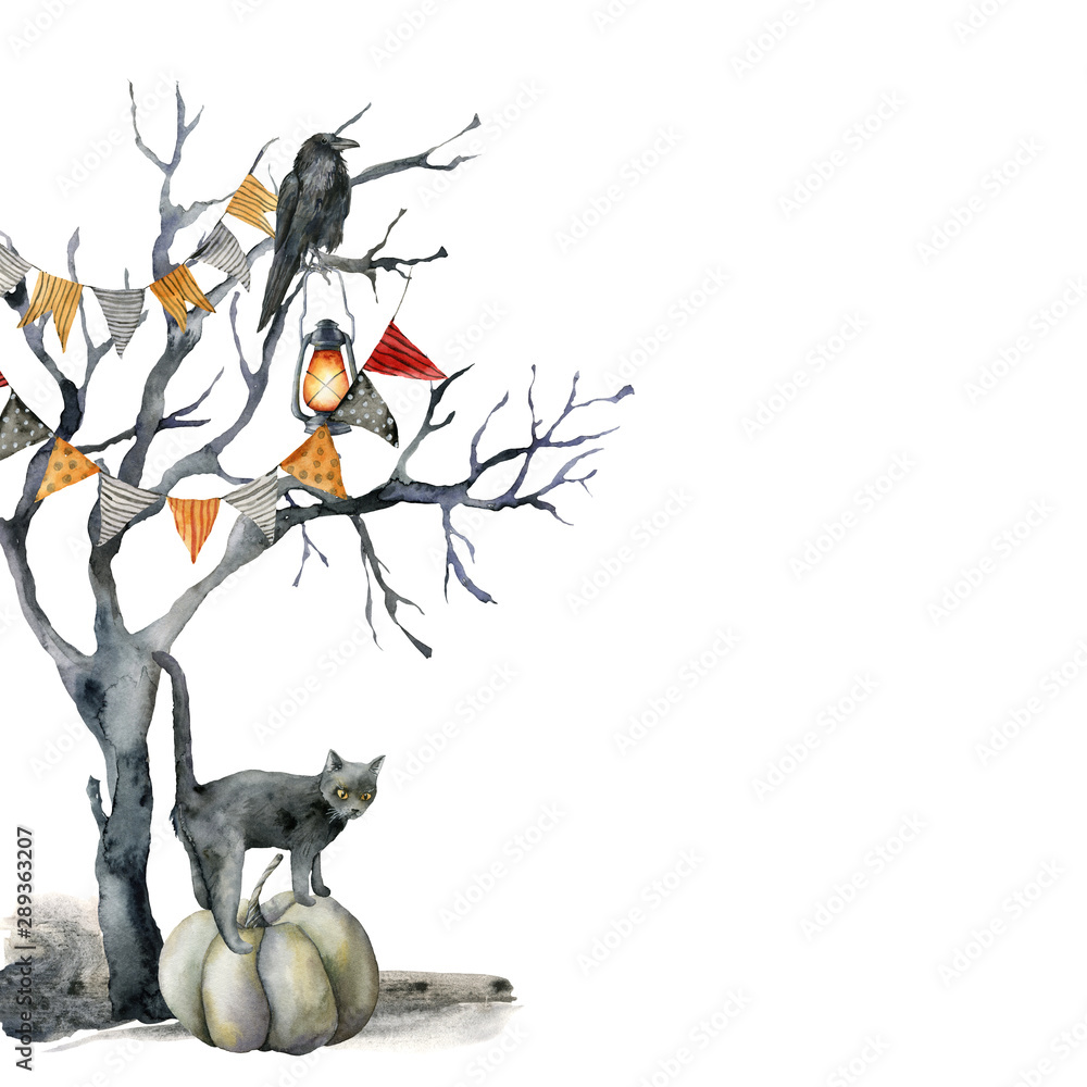 Watercolor halloween card with black tree and cat. Hand painted holiday ...