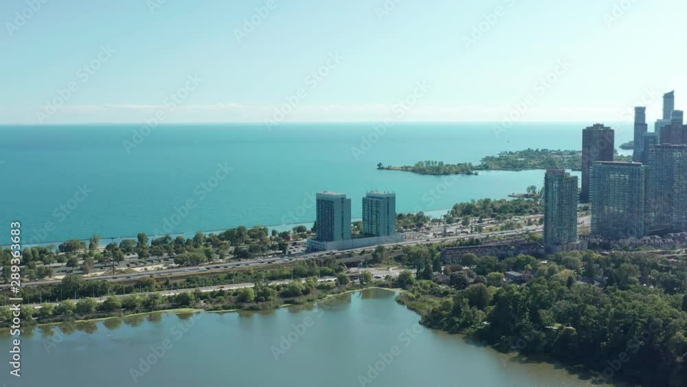 Aerial Establishing Shot of the Gardiner Expressway Leading into Downtown Toronto. Cinematic 4K Footage. Aerial Establishing Shot of the Gardiner Expressway Leading into Downtown Toronto. Cinematic 4K Footage.