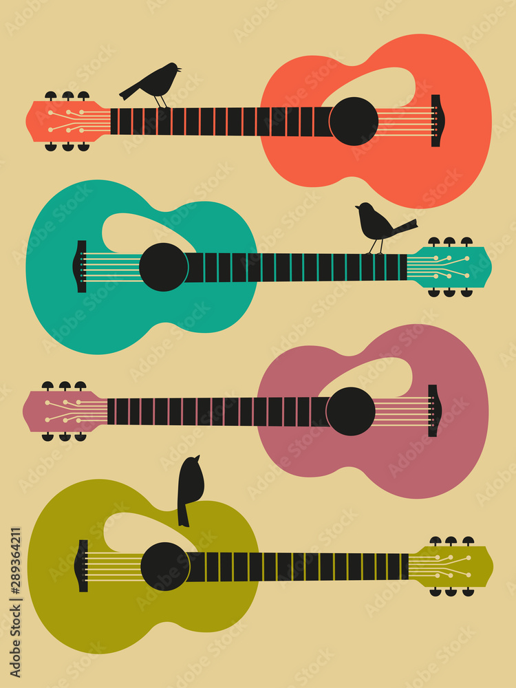 Acoustic guitar hand drawn flat retro color musical vector