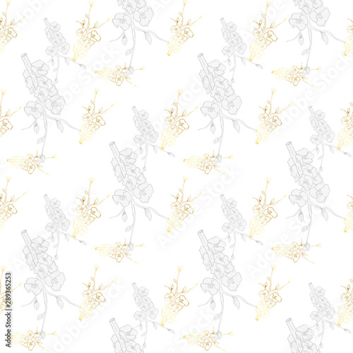 Vintage brunch gold collection for wallpaper design. Seamless vintage background. Botanical illustration. Spring floral texture. 