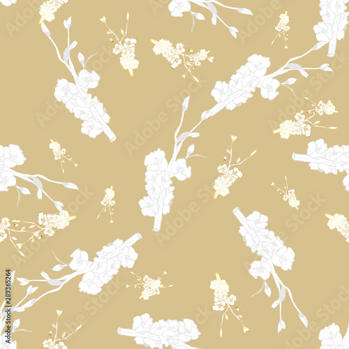 Vintage brunch gold collection for wallpaper design. Seamless vintage background. Botanical illustration. Spring floral texture. 