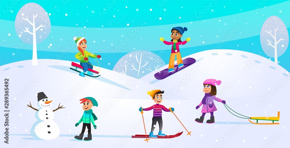 Winter Activities, Holiday Scene with Children. Winter Activities, Holiday Scene with Children.