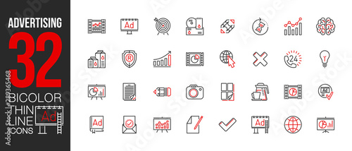 outdoor, commercial and video tv advertising outline flat icons set. Thin line design logo pictogram set advertising agency icons isolated on white. outline logo symbols for web mobile app application