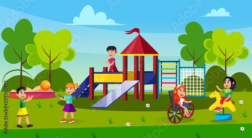 Kids Playing on Playground in Park, Childhood.