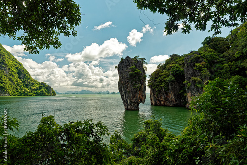 Thailand - Ao Phang-nga  National Park  consists of an area of the Andaman Sea studded with numerous limestone tower karst islands  best known is Khao Phing Kan  called  James Bond Island 