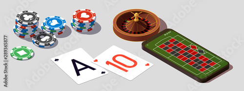 isometric illustration Blackjack in Online casino mobile phone app. Banner with Twenty-One and roulette Banner Online Casino isometric mobile phone app roulette and Blackjack Twenty-One Jackpot poster