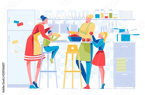 Happy Family with Kids Everyday Routine on Kitchen