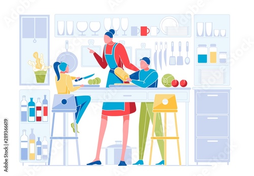 Happy Family on Kitchen. Mother Teaching Kids