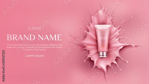 Cosmetics bottle mockup, beauty cosmetic product for face care on pink background with liquid splash and droplets, bb cream or foundation tube package design. Realistic 3d vector illustration, banner