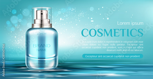 Cosmetics spray bottle mock up banner. Beauty product package on water surface background. Moisturize lotion, essence tube mockup, natural cosmetic skin care promo ad. Realistic 3d vector illustration