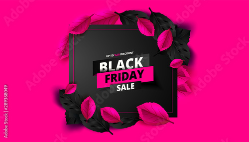 Black Friday. Sale and discounts flat trendy banners.  Black friday calligraphy in square with black and pink leaves in the background. Vector illustration.