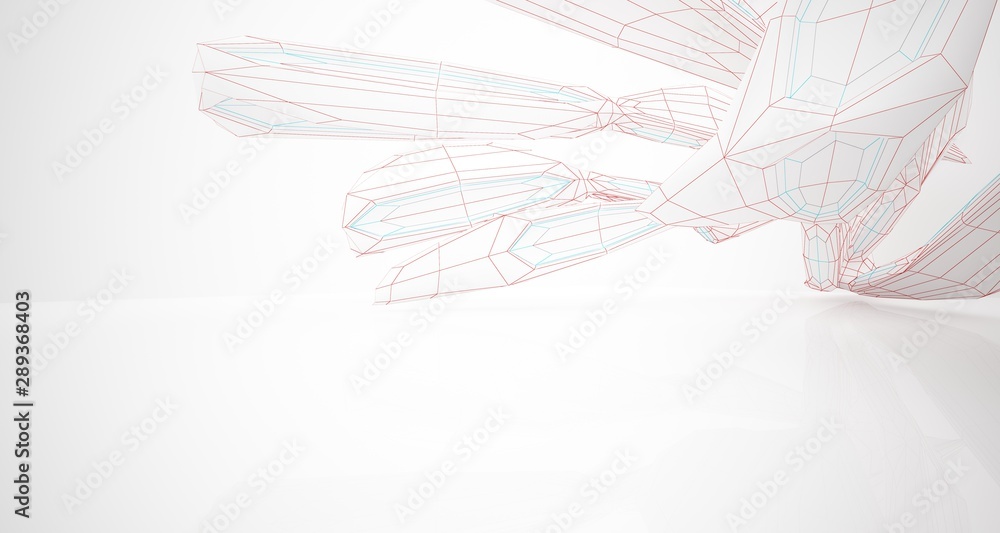 Obraz premium Drawing abstract architectural white interior of a minimalist house with large windows. 3D illustration and rendering.