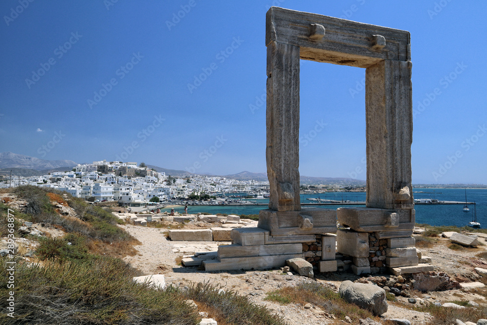 Naxos Portara, Apollo's 6th Cent BC temple ruins, overlooking Naxos town, Greek Islands