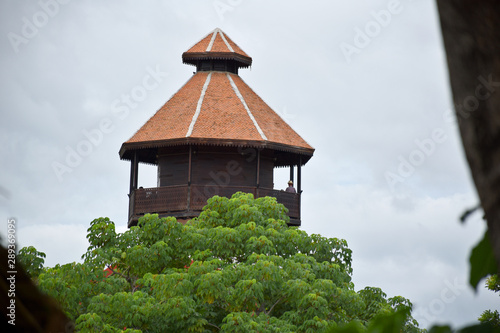 Kanchanaburi, Thailand, 09.09.2019: Beautiful garden, lake, traditional Thai, Siamese clothes, buildings of 