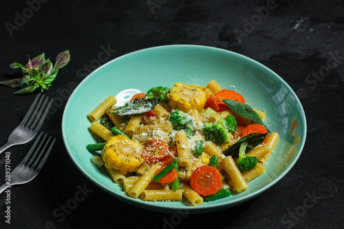 pasta vegetables (tasty and healthy salad, Italian cuisine) menu concept. food background. copy space. Top view
